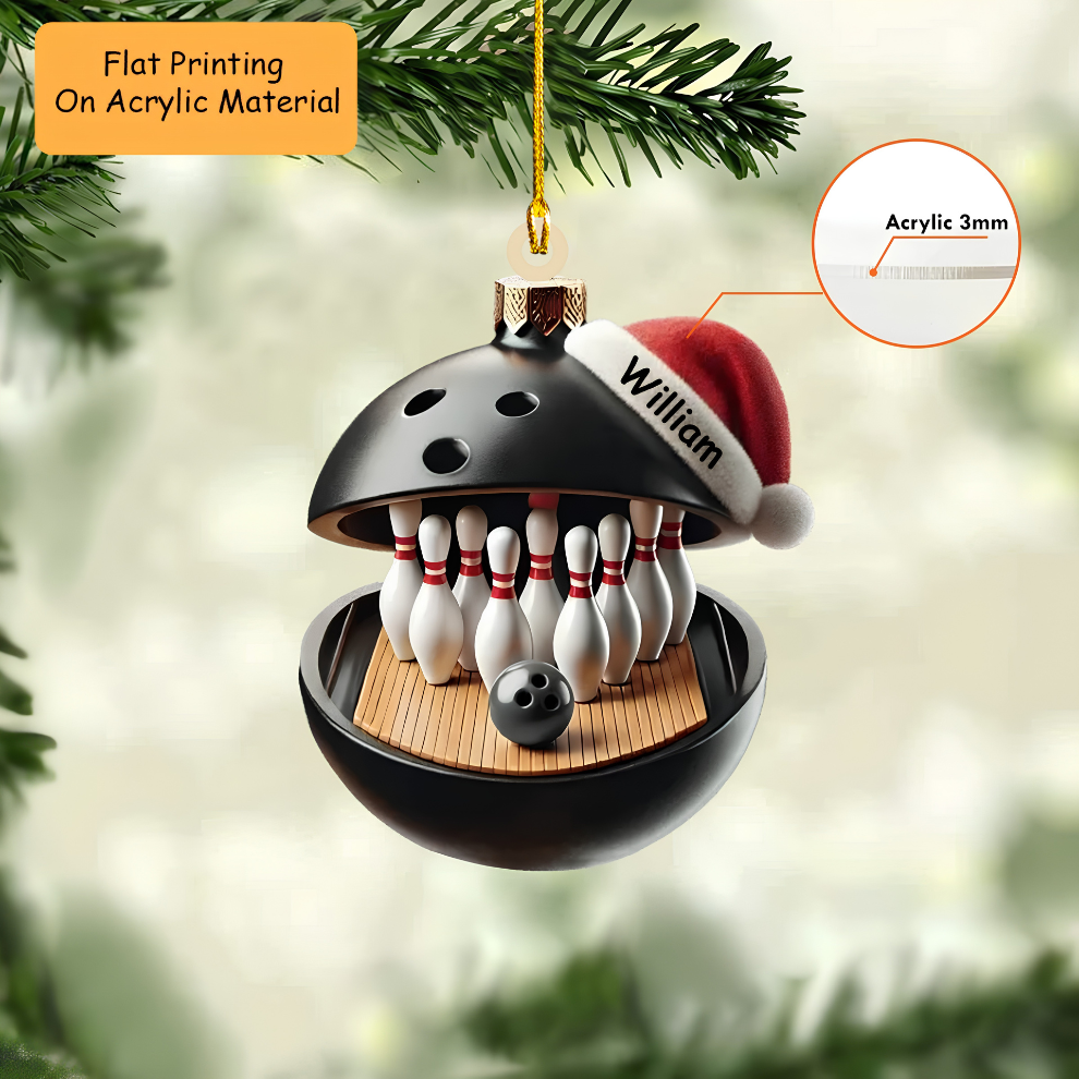 Personalized Bowling Ball Holding Pins Acrylic Ornament, Bowling Keychain, Car Ornament, Christmas Ornament Gifts