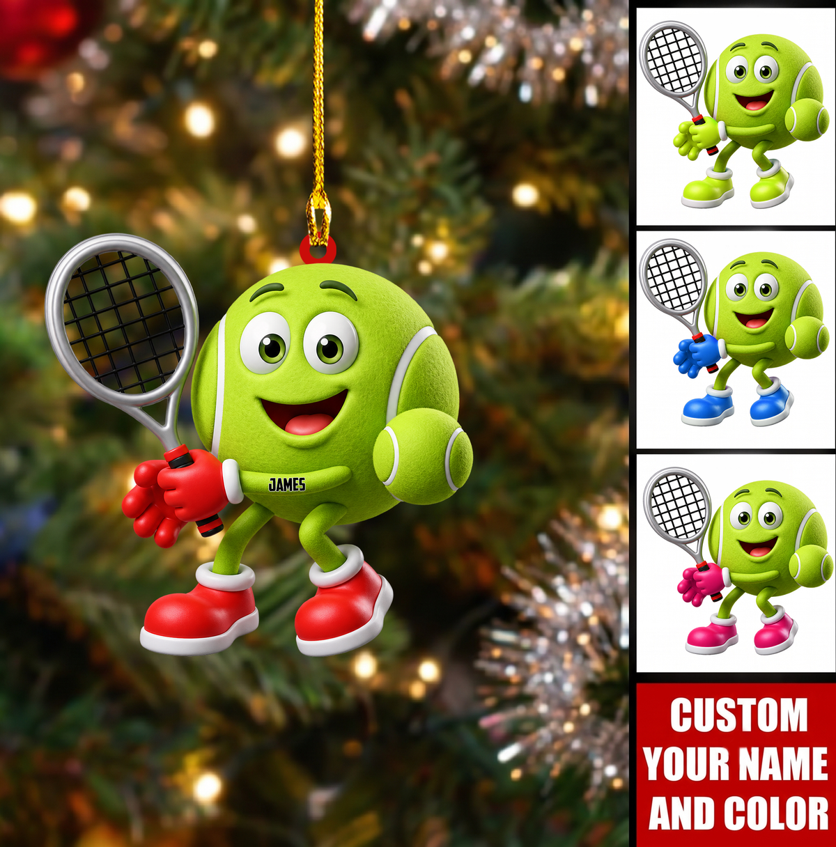 Personalized Tennis Christmas Ornament, Smiling Tennis Ball Mascot With Racket, Custom Ornament Christmas Gift, Keychain Tennis, Car Ornament Tennis