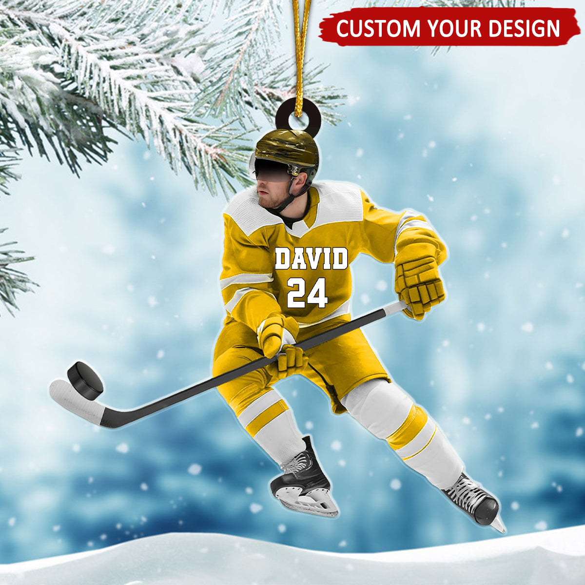 Personalized Ice Hockey Man Play With Ball Flat Acrylic Ornament, Ornament Gifts For Hockey Player, Family, Friends