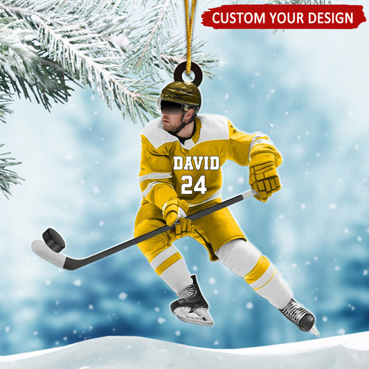 Personalized Ice Hockey Man Play With Ball Flat Acrylic Ornament, Ornament Gifts For Hockey Player, Family, Friends