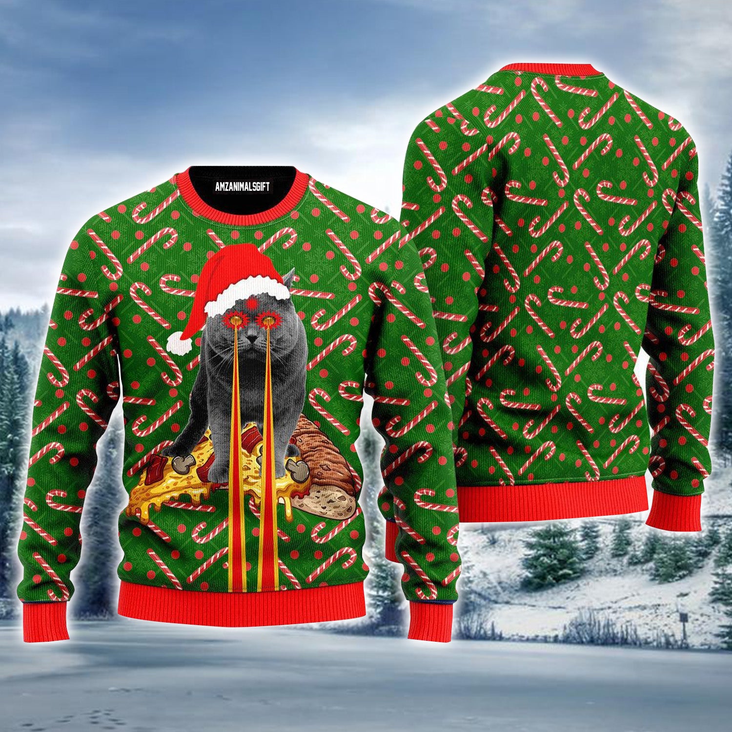 Pizza Cat With Laser Eyes Christmas Ugly Sweater For Men & Women, Perfect Outfit For Christmas New Year Autumn Winter