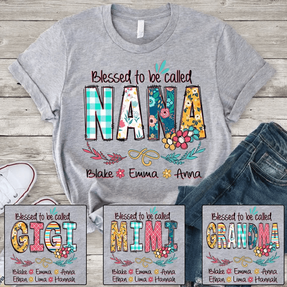 Nana and Kids Custom Name T-shirt, Blessed To Be Called Nana Kids Art Flower Nana Shirt - Perfect Gift For Gigi, Nana, Mimi, Grandma - Amzanimalsgift