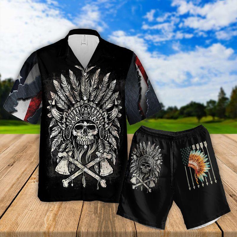 Native Aloha Hawaiian Shirts For Summer, Chief Skull Native Pattern USA Flag Hawaiian Set For Men Women, Gift For Friend, Family, Native Indigenous - Amzanimalsgift