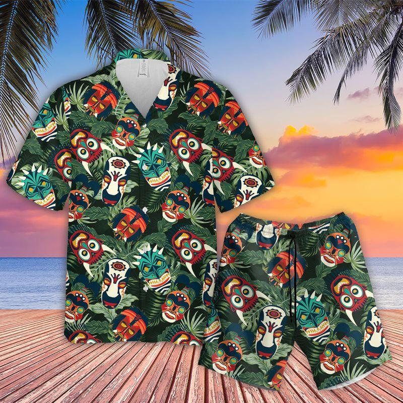 Native Aloha Hawaiian Shirts For Summer, Tradition Tribal Mask Tropical Leaves Pattern Hawaiian Set For Men Women, Gift For Friend, Team, Family - Amzanimalsgift