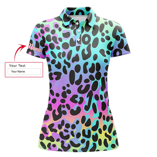 Neon Rainbow Leopard Custom Name Women Polo Shirt, Colorful Background Personalized Women Polo Shirts, Gift For Female, Ladies, Girls - Amzanimalsgift