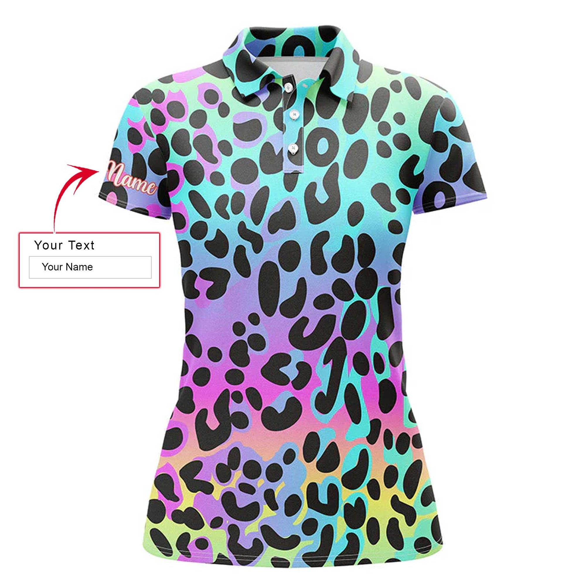 Neon Rainbow Leopard Custom Name Women Polo Shirt, Colorful Background Personalized Women Polo Shirts, Gift For Female, Ladies, Girls - Amzanimalsgift