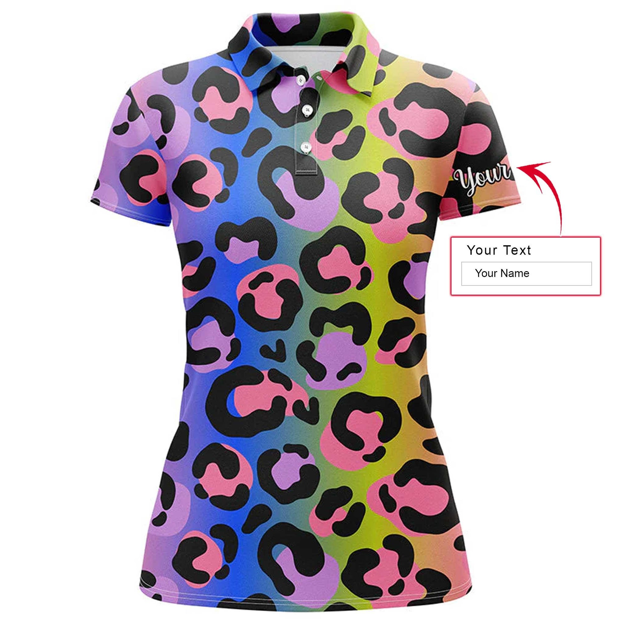 Neon Rainbow Leopard Custom Name Women Polo Shirt, Colorful Personalized Women Polo Shirts, Best Gift For Female, Ladies, Girls - Amzanimalsgift