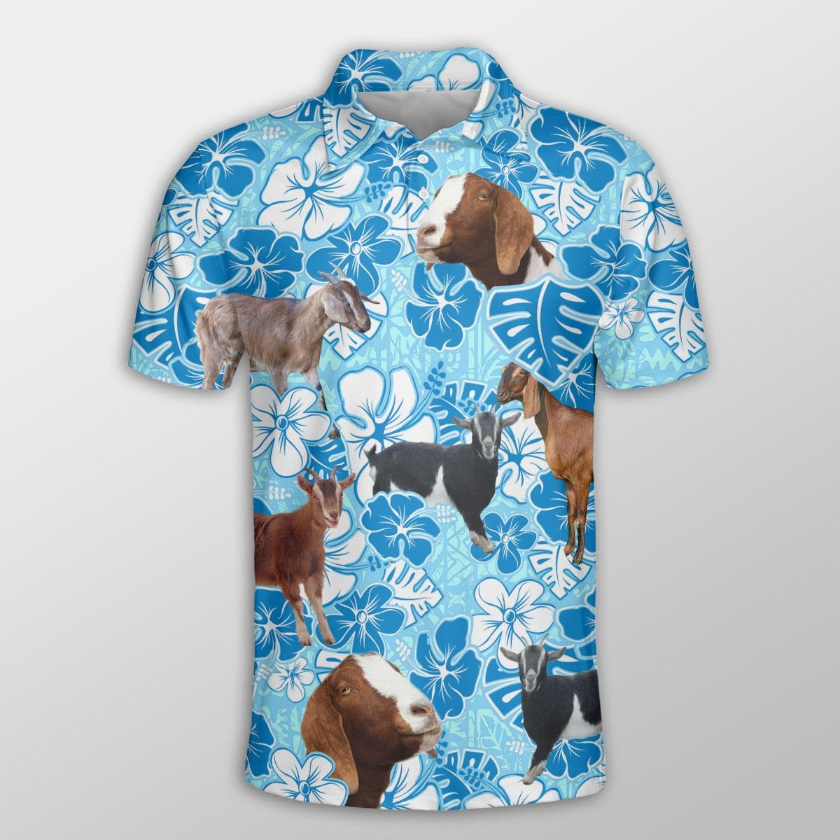 Nubian Goat Men Polo Shirts For Summer - Nubian Goat Blue Floral Button Shirts For Men - Perfect Gift For Nubian Goat Lovers, Cattle Lovers - Amzanimalsgift