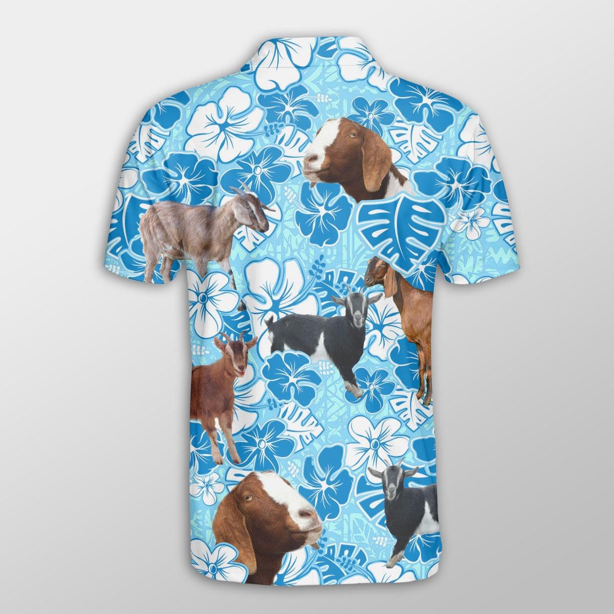 Nubian Goat Men Polo Shirts For Summer - Nubian Goat Blue Floral Button Shirts For Men - Perfect Gift For Nubian Goat Lovers, Cattle Lovers - Amzanimalsgift