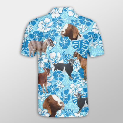 Nubian Goat Men Polo Shirts For Summer - Nubian Goat Blue Floral Button Shirts For Men - Perfect Gift For Nubian Goat Lovers, Cattle Lovers - Amzanimalsgift
