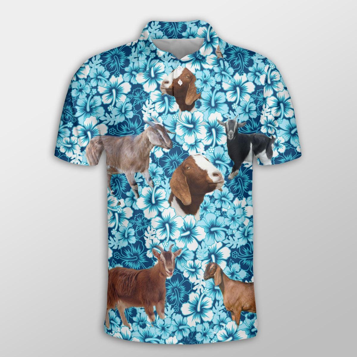 Nubian Goat Men Polo Shirts For Summer - Nubian Goat Blue Hibiscus Pattern Button Shirts For Men - Perfect Gift For Nubian Goat Lovers, Cattle Lovers - Amzanimalsgift