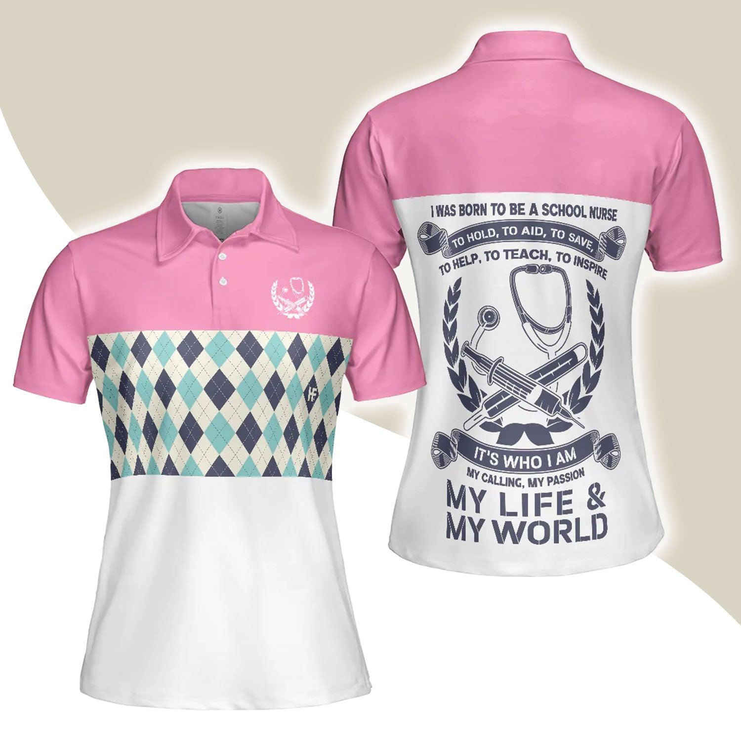 Nurses Women Polo Shirt, Pink Argyle Pattern Polo Shirt, I Was Born To Be A School Nurse Polo Shirt For Ladies - Gift For Women, Nurses - Amzanimalsgift