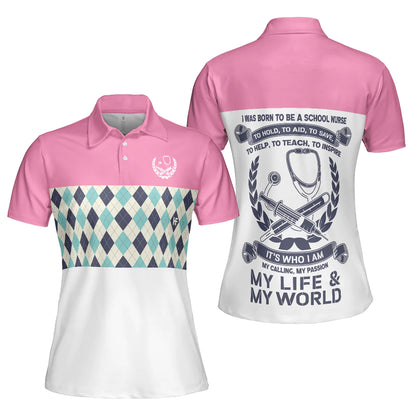 Nurses Women Polo Shirt, Pink Argyle Pattern Polo Shirt, I Was Born To Be A School Nurse Polo Shirt For Ladies - Gift For Women, Nurses - Amzanimalsgift
