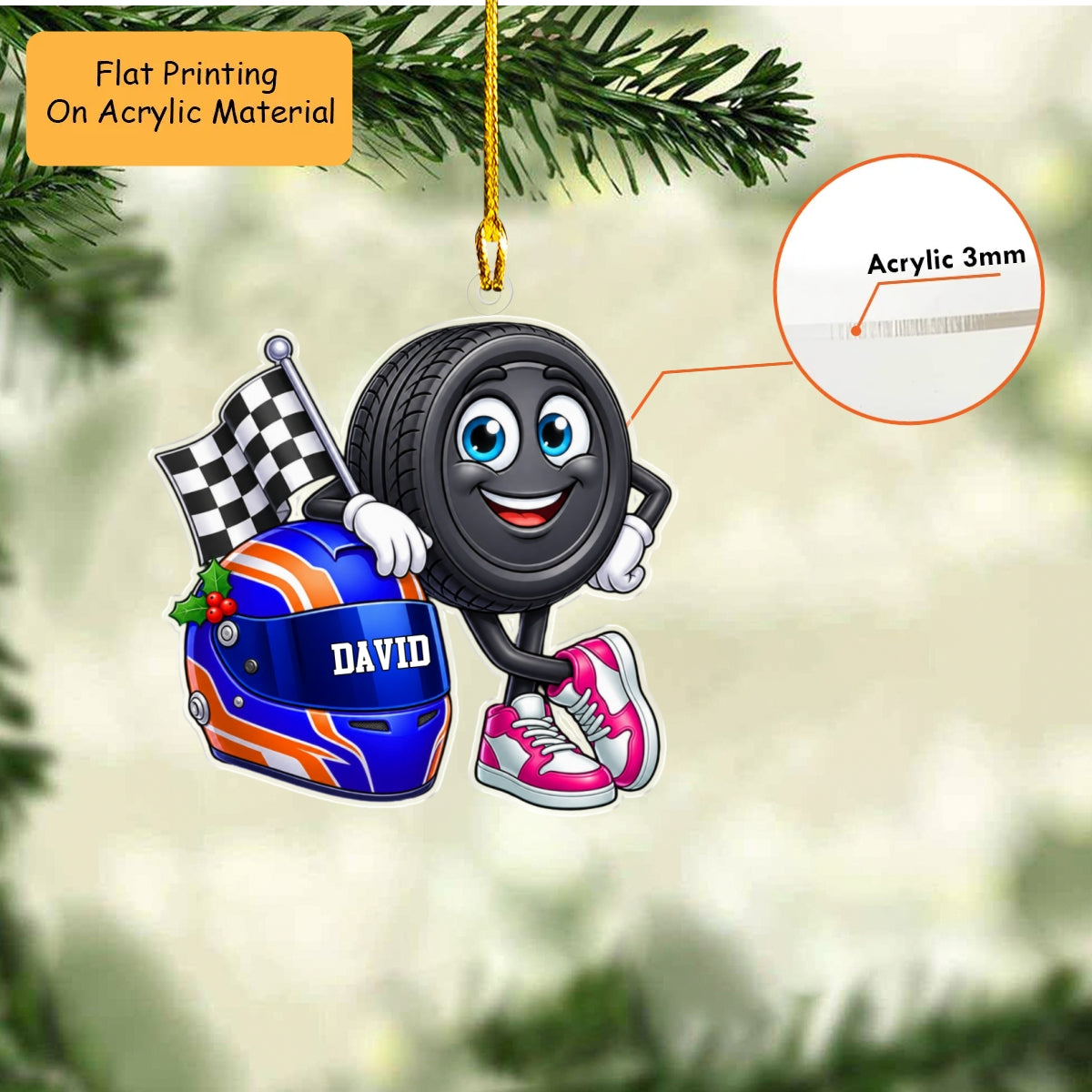 Personalized Car Racing Christmas Flat Printed Acrylic Ornament, Tire Mascot Racing Helmet Setup, Custom Ornament Christmas Gift, Keychain Racing, Car Ornament Racing