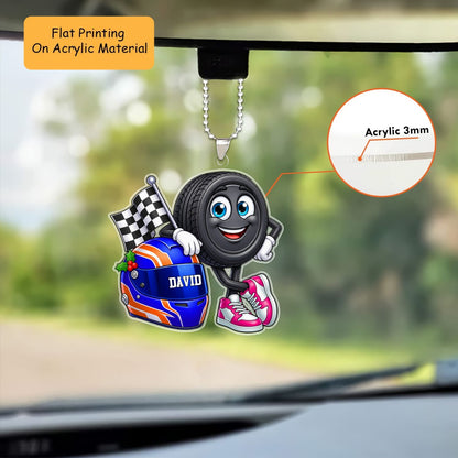 Personalized Car Racing Christmas Flat Printed Acrylic Ornament, Tire Mascot Racing Helmet Setup, Custom Ornament Christmas Gift, Keychain Racing, Car Ornament Racing
