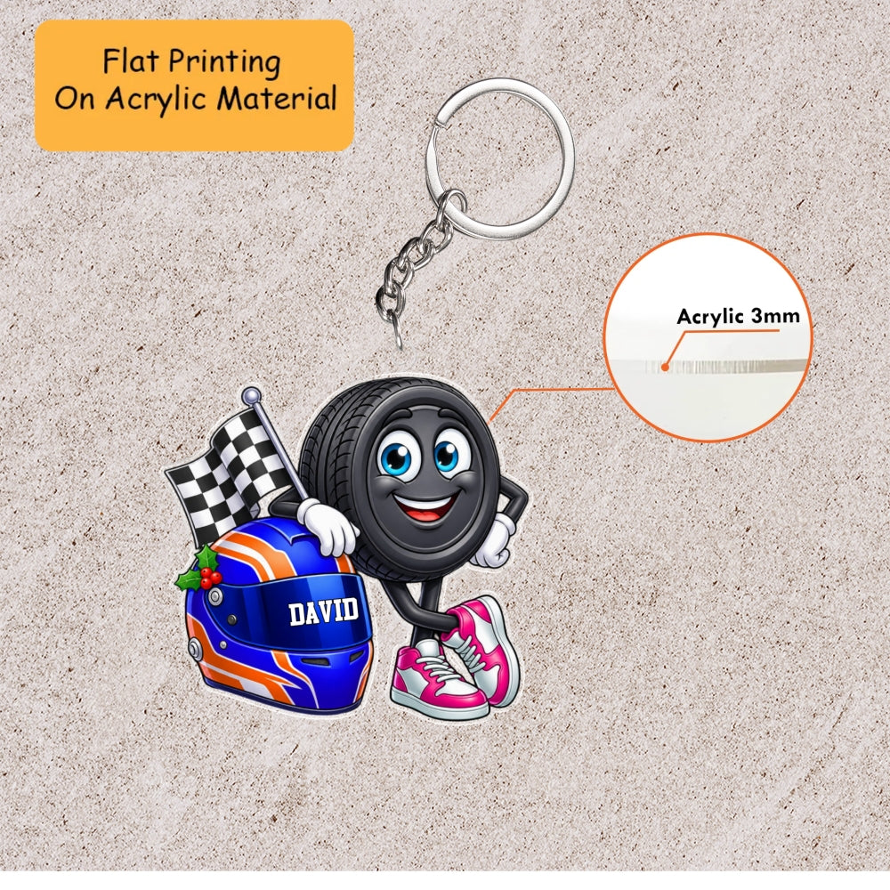 Personalized Car Racing Christmas Flat Printed Acrylic Ornament, Tire Mascot Racing Helmet Setup, Custom Ornament Christmas Gift, Keychain Racing, Car Ornament Racing