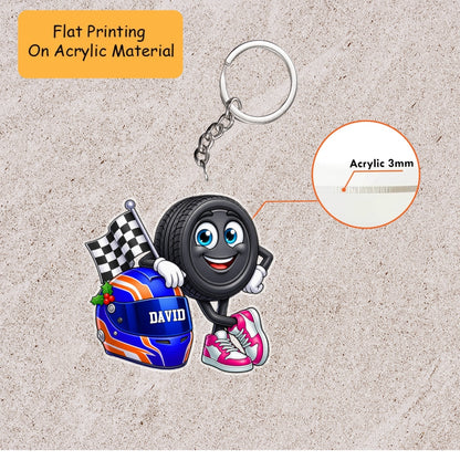 Personalized Car Racing Christmas Flat Printed Acrylic Ornament, Tire Mascot Racing Helmet Setup, Custom Ornament Christmas Gift, Keychain Racing, Car Ornament Racing