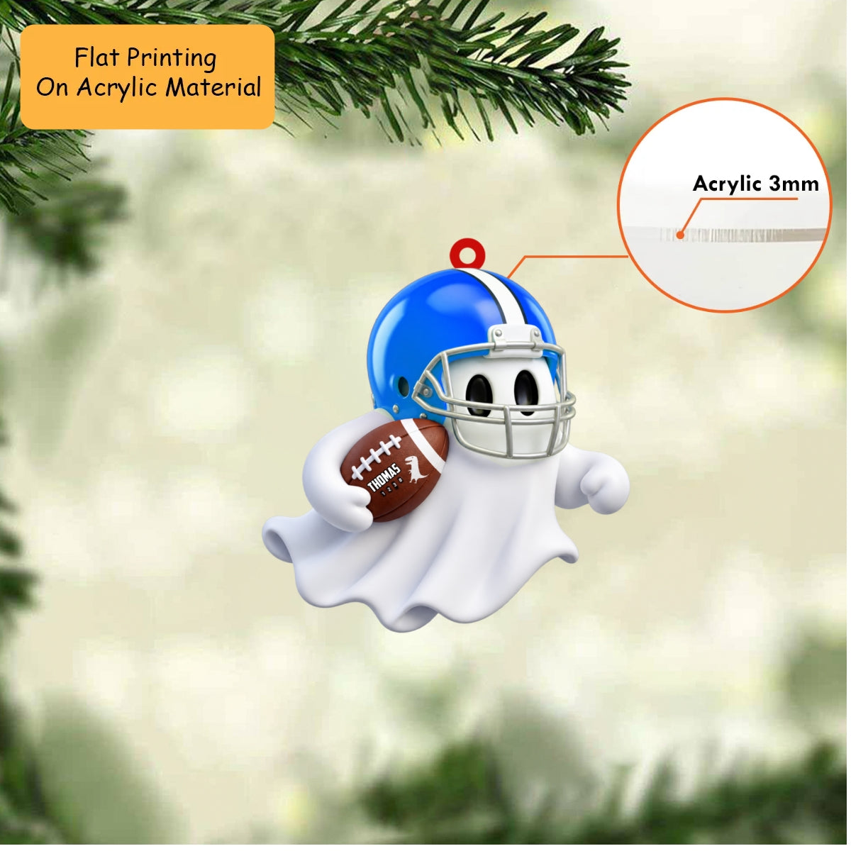 Personalized Fantasy Football Christmas Ornament, Spooky Cute Ghost Mascot Touchdown, Custom Ornament Christmas Gift, Keychain Football, Car Ornament Football