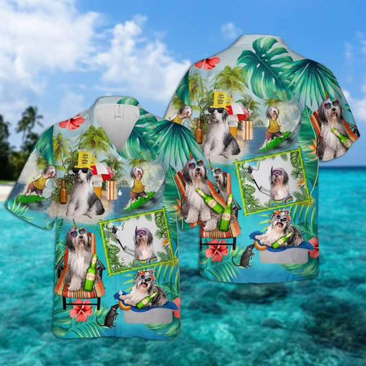 Old English Sheepdog Hawaiian Shirt, Dog Surfing Aloha Shirt For Men - Perfect Gift For Old English Sheepdog Lover, Husband, Boyfriend, Friend, Family - Amzanimalsgift