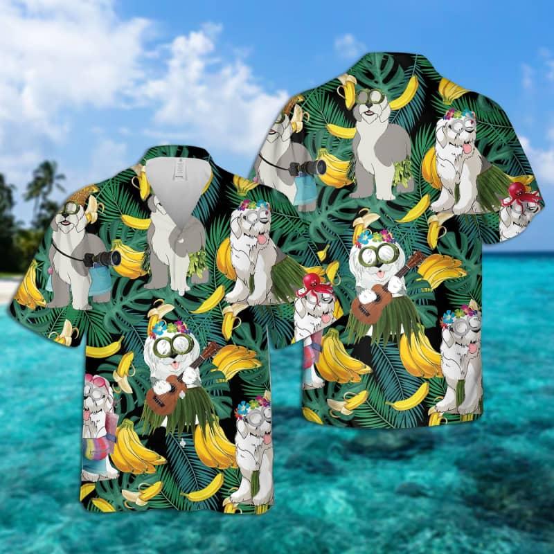 Old English Sheepdog Hawaiian Shirt, Tropical Summer Leaves Aloha Shirt For Men - Perfect Gift For Old English Sheepdog Lovers, Friend, Family - Amzanimalsgift