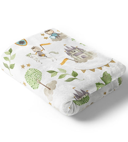 Knight Dragon And Castle Baby Kids Blanket With Customized Name For Baby Boy Nursery, Son, Grandson