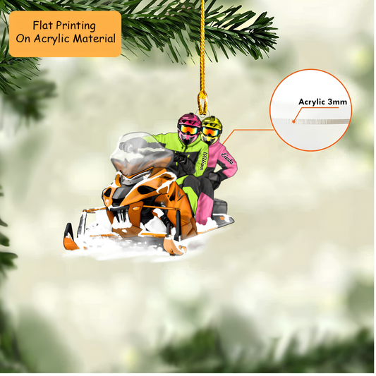 Personalized Snowmobile Christmas Ornament, Couple Riding Orange Snowmobile, Custom Ornament Christmas Gift, Keychain Snowmobile, Car Ornament Snowmobile