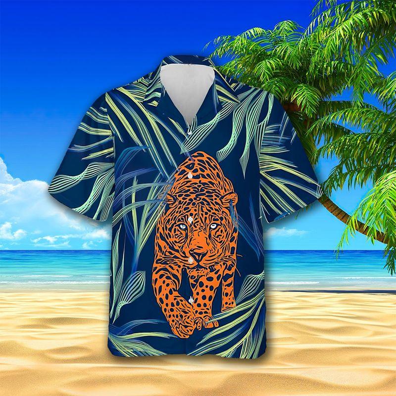 Orange Leopard Aloha Hawaiian Shirts For Summer, Tropical Leaf Pattern Wildlife Animal Hawaiian Set For Men Women, Gift For Leopard Lovers, Friend - Amzanimalsgift