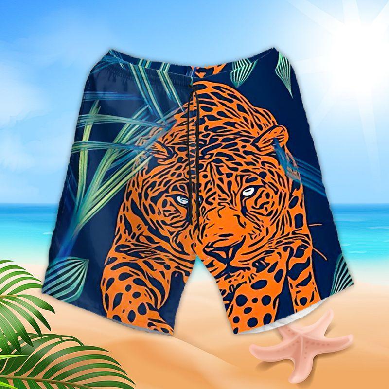 Orange Leopard Aloha Hawaiian Shirts For Summer, Tropical Leaf Pattern Wildlife Animal Hawaiian Set For Men Women, Gift For Leopard Lovers, Friend - Amzanimalsgift