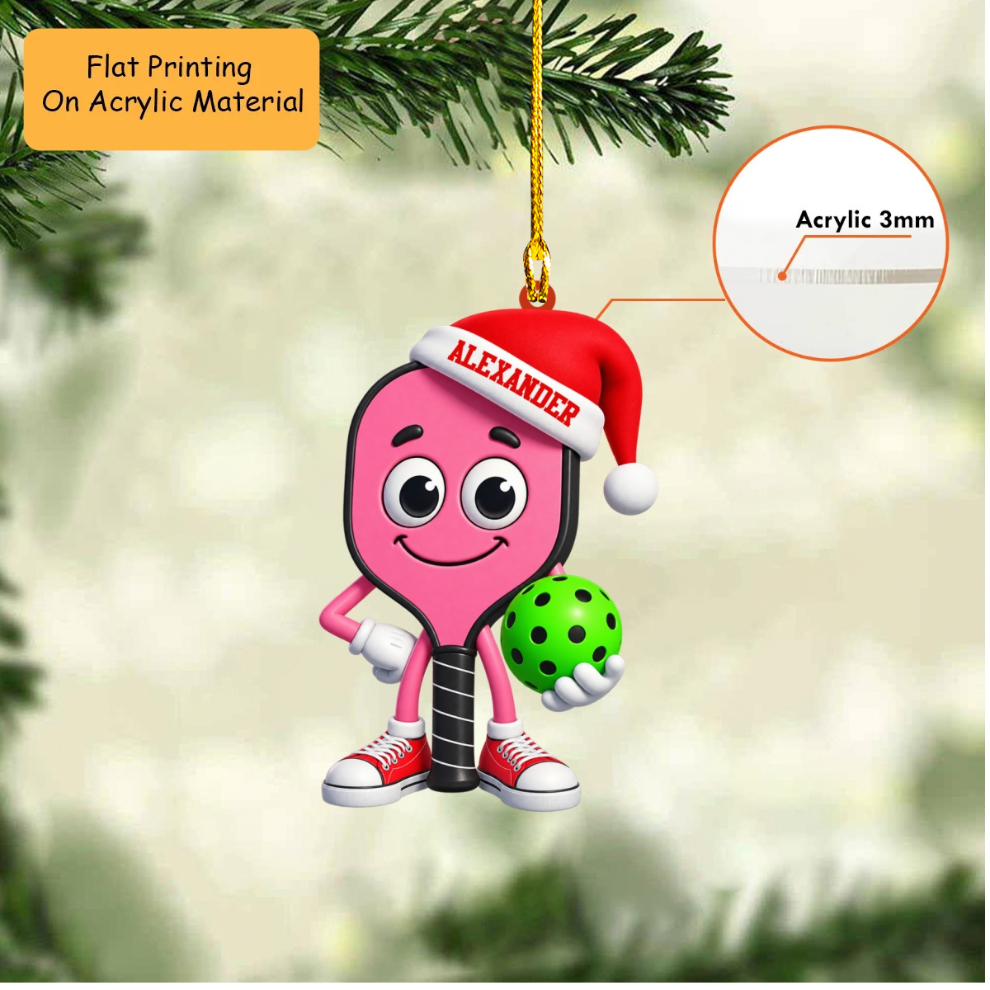 Personalized Pickleball Christmas Ornament, Cute Pink Paddle Mascot Green Ball, Custom Ornament Christmas Gift, Keychain Pickleball , Car Ornament Pickleball 