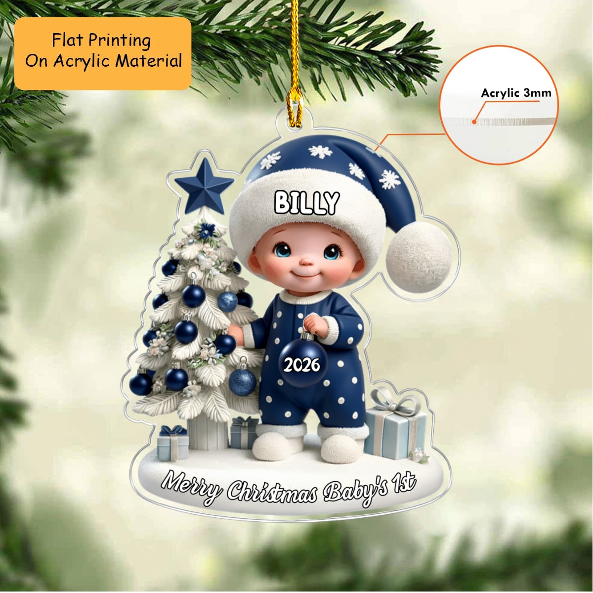 Personalized Baby Christmas Flat Printed Acrylic Ornament, Merry Christmas Baby Boy 1st, Custom Ornament Christmas Gift, Keychain Baby, Car Ornament Baby