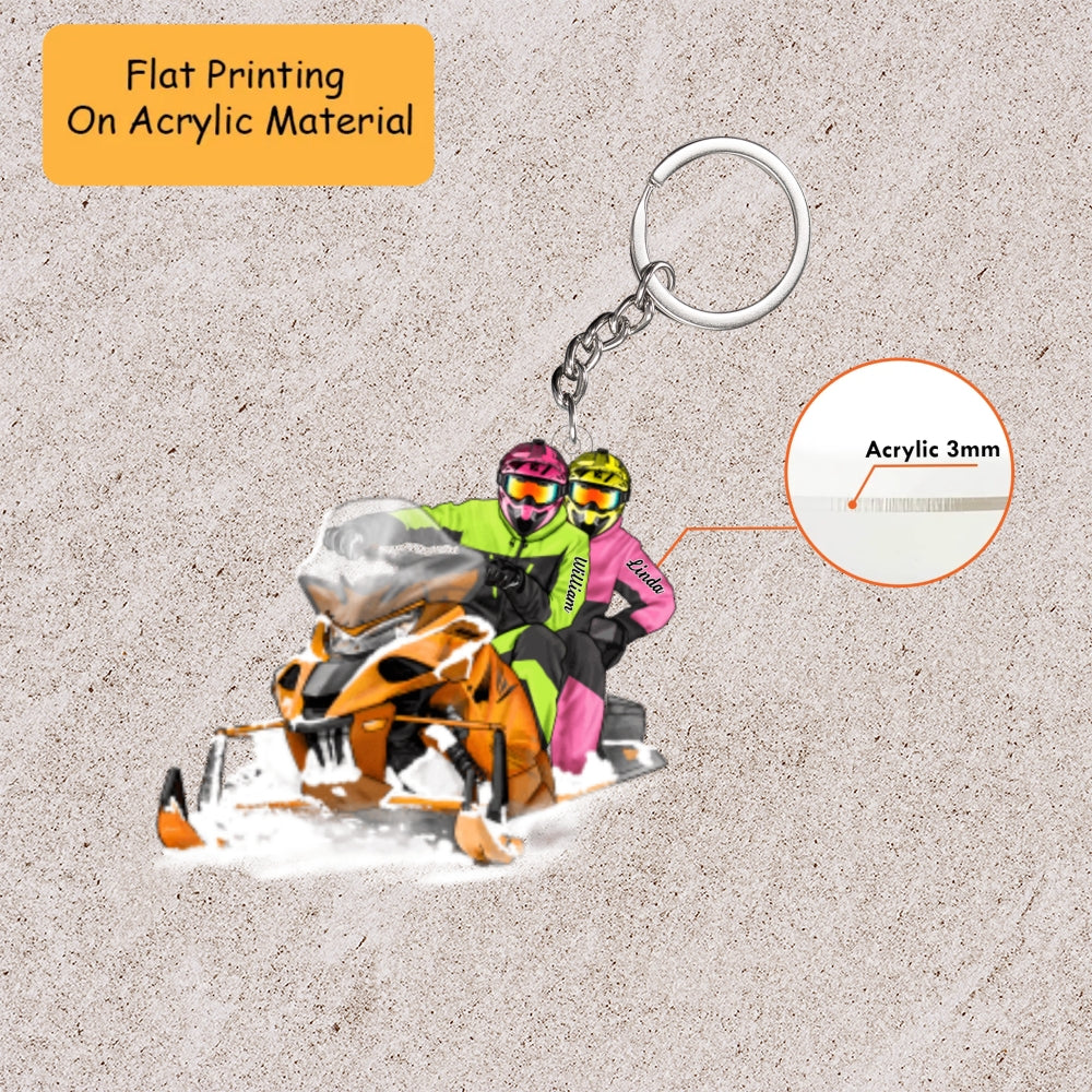 Personalized Snowmobile Christmas Ornament, Couple Riding Orange Snowmobile, Custom Ornament Christmas Gift, Keychain Snowmobile, Car Ornament Snowmobile
