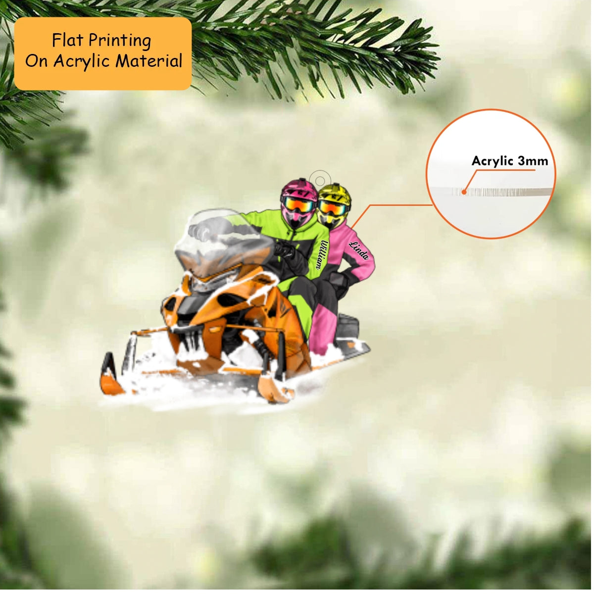 Personalized Snowmobile Christmas Ornament, Couple Riding Orange Snowmobile, Custom Ornament Christmas Gift, Keychain Snowmobile, Car Ornament Snowmobile