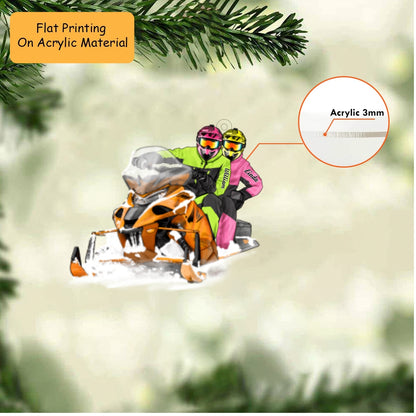 Personalized Snowmobile Christmas Ornament, Couple Riding Orange Snowmobile, Custom Ornament Christmas Gift, Keychain Snowmobile, Car Ornament Snowmobile