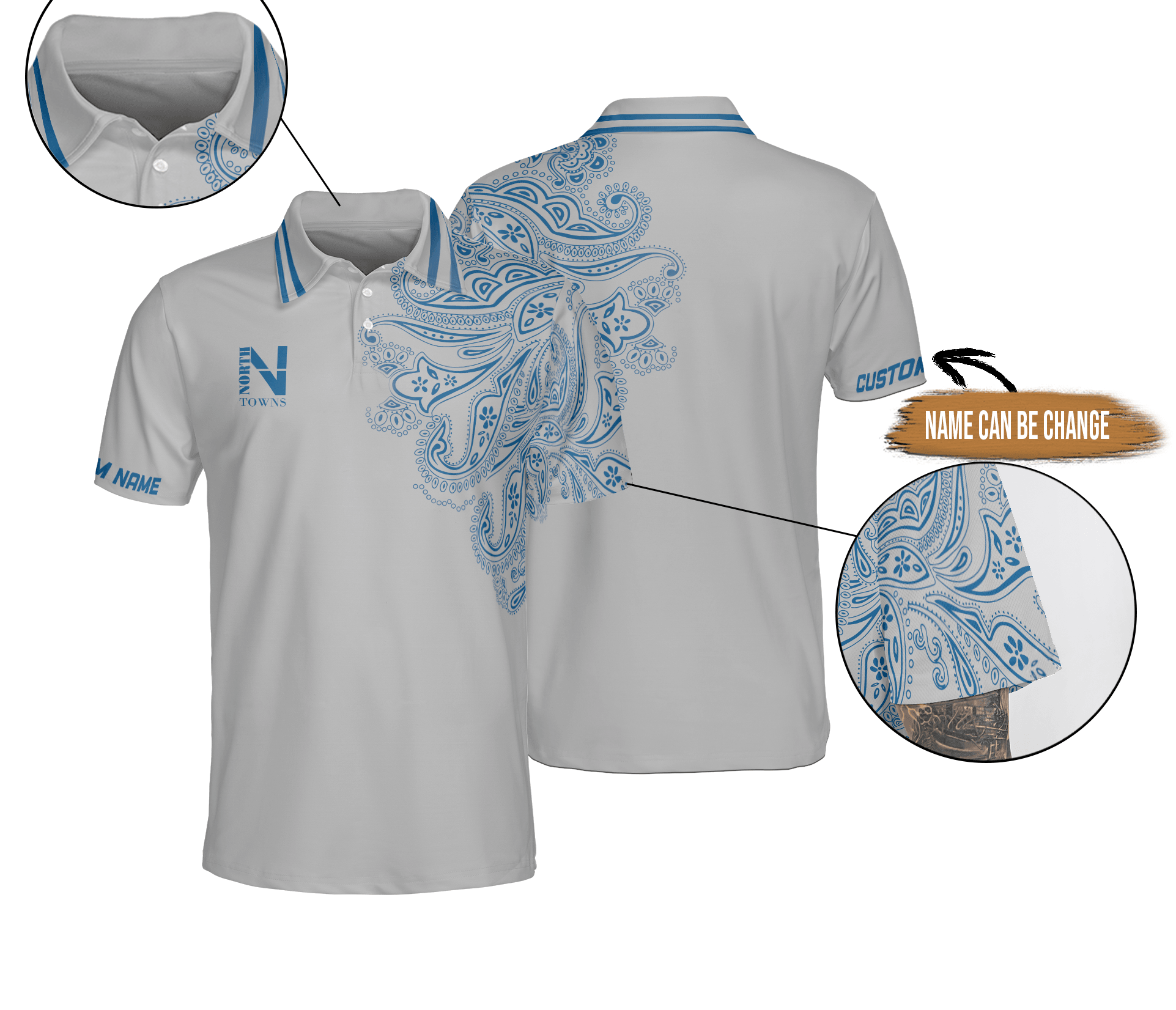Paisley Men Polo Shirt Custom Name - Paisley Grey & Blue Pattern, North Towns Personalized Men Polo Shirt - Gift For Friend, Family - Amzanimalsgift