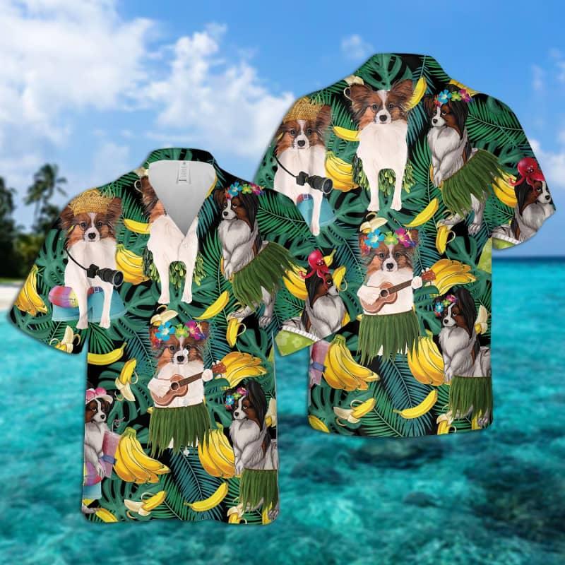 Papillon Dog Hawaiian Shirt, Tropical Summer Leaves Hawaiian Shirt For Men - Perfect Gift For Papillon Dog Lovers, Husband, Boyfriend, Friend, Family - Amzanimalsgift