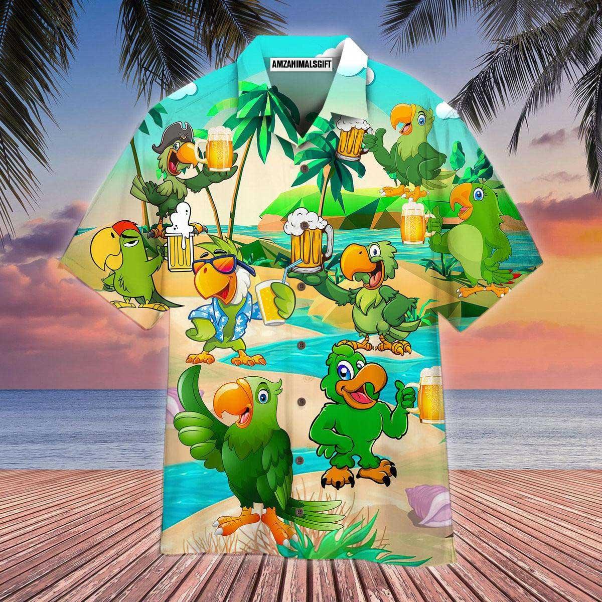 Parrot Aloha Hawaiian Shirt - Beer Hawaiian Shirt, Parrots In Summer Hawaiian Shirt - Perfect For Men & Women, Parrot Lover - Amzanimalsgift