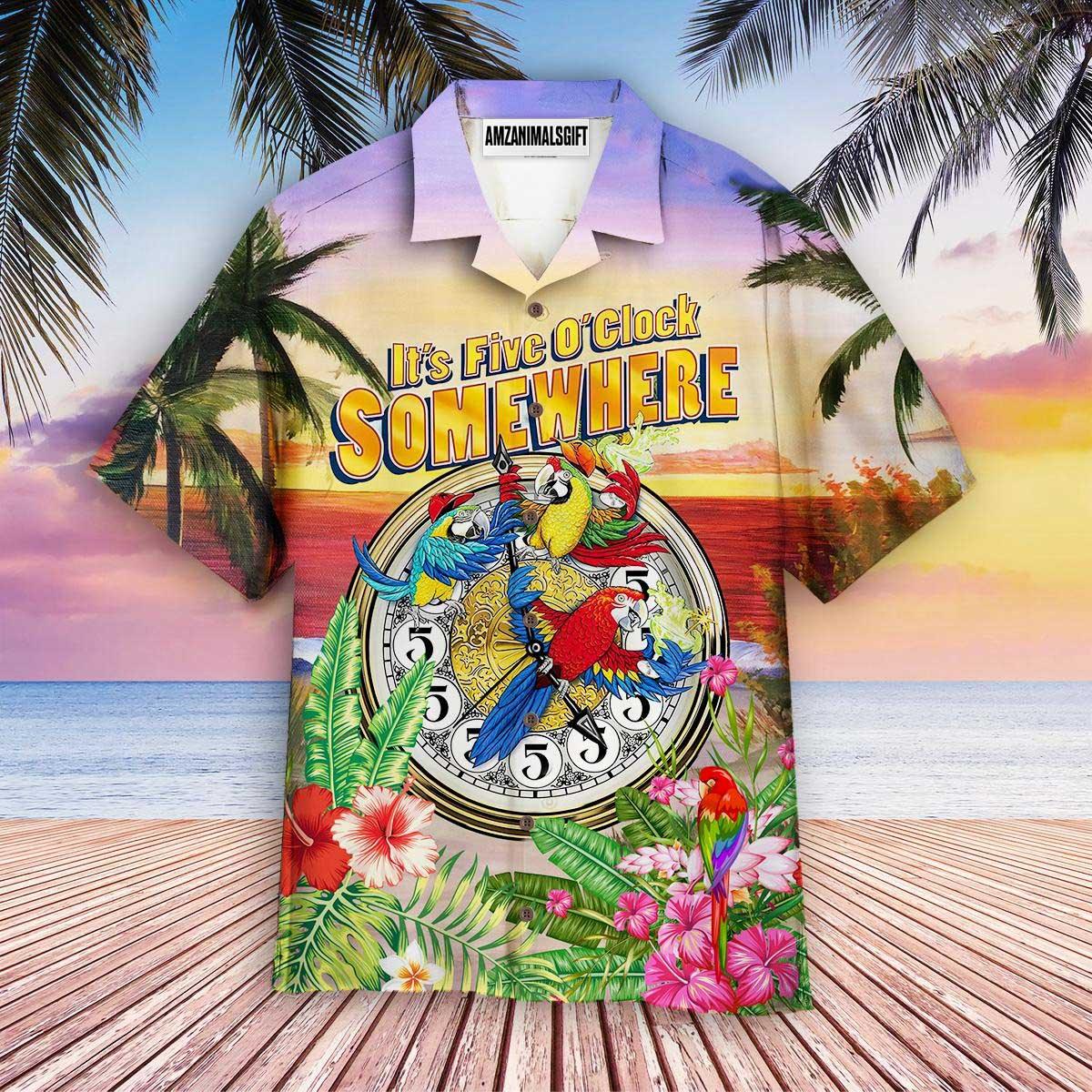 Parrot Aloha Hawaiian Shirt, Clock Hawaiian Shirt, Parrot It’s 5 O’clock Somewhere Hawaiian Shirt For Men & Women, Parrot Lover - Amzanimalsgift