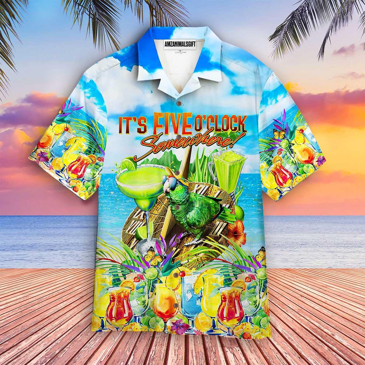 Parrot Aloha Hawaiian Shirt, Cocktail Hawaiian Shirt, Green Parrot It’s 5 O’clock Somewhere Hawaiian Shirt For Men & Women, Parrot Lover - Amzanimalsgift