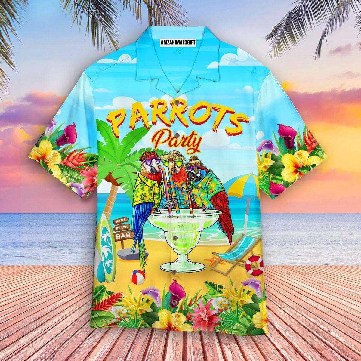 Parrot Aloha Hawaiian Shirt - Cocktail Hawaiian Shirt, Parrots Party Drink Cocktail Hawaiian Shirt - Perfect Shirt For Men & Women, Parrot Lover - Amzanimalsgift