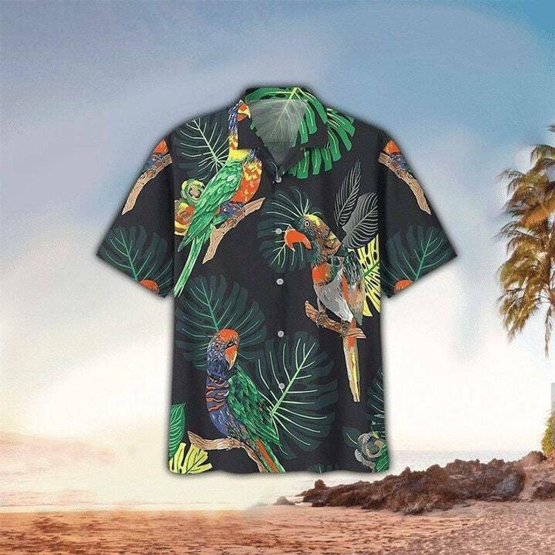 Parrot Aloha Hawaiian Shirt - Colorful Parrot Hawaiian Shirt, Black Tropical Leaves Backgruoud Hawaiian Shirt For Men & Women, Parrot Lover - Amzanimalsgift