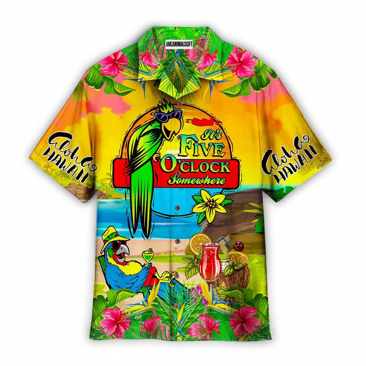 Parrot Aloha Hawaiian Shirt, Parrot Sunbathing Hawaiian Shirt, It’s Five O’clock Somewhere Parrots Hawaiian Shirt For Men & Women, Parrot Lover - Amzanimalsgift