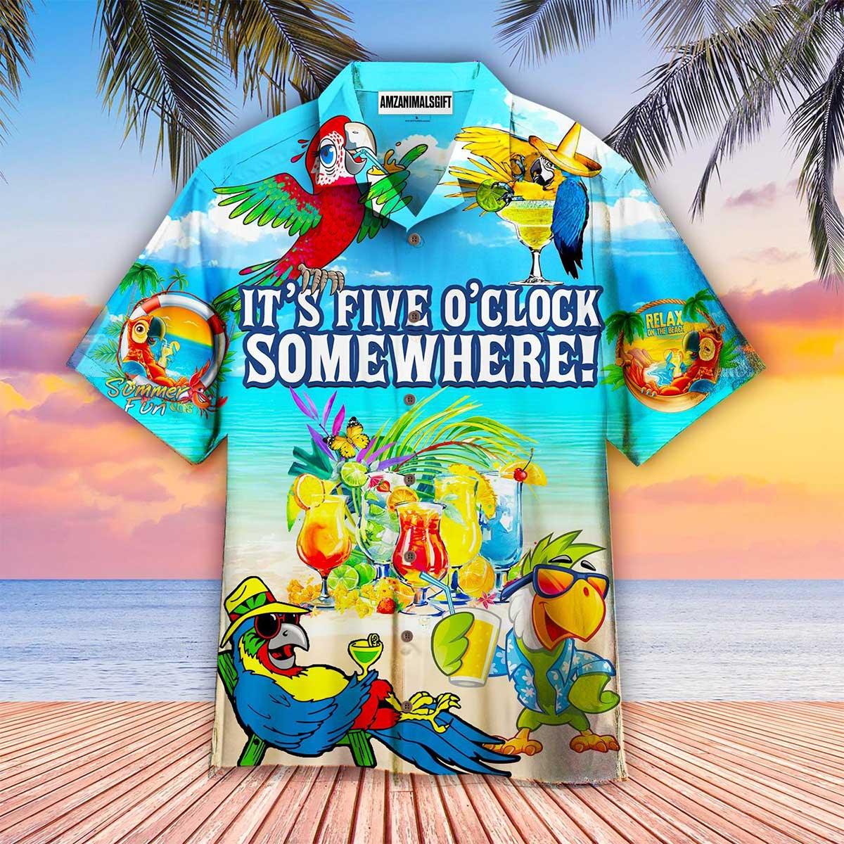 Parrot Aloha Hawaiian Shirt, Relax Time Hawaiian Shirt, Parrot It’s 5 O’clock Somewhere Hawaiian Shirt For Men & Women, Parrot Lover - Amzanimalsgift