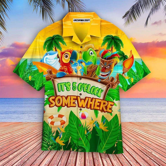 Parrot Aloha Hawaiian Shirt, Shark & Turtle Hawaiian Shirt, Parrot It’s 5 O’clock Somewhere Tropical Beach Hawaiian Shirt For Men & Women,Parrot Lover - Amzanimalsgift