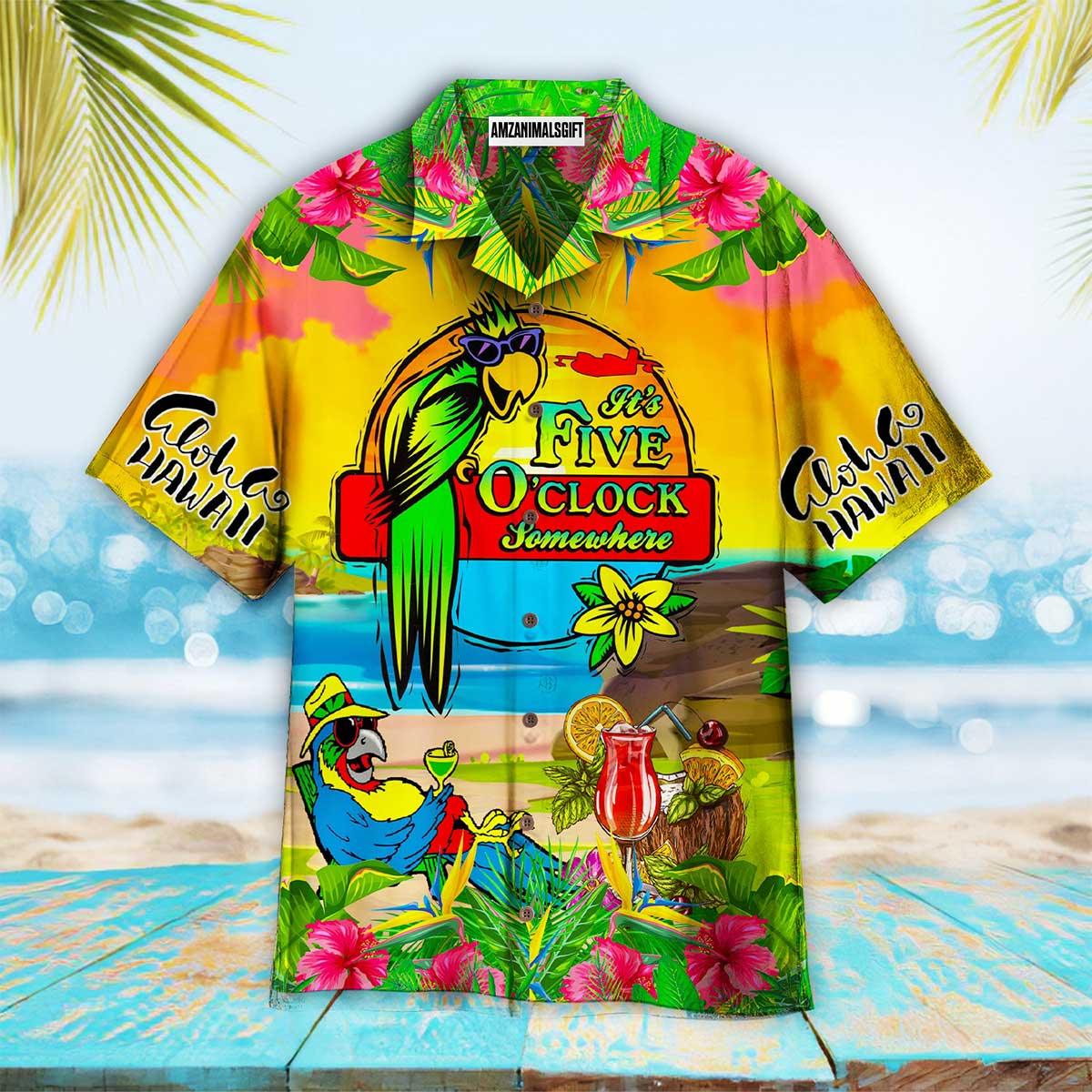 Parrot Aloha Hawaiian Shirt, Tropical Cocktail Hawaiian Shirt, Parrot It’s 5 O’clock Somewhere Hawaiian Shirt For Men & Women, Parrot Lover - Amzanimalsgift