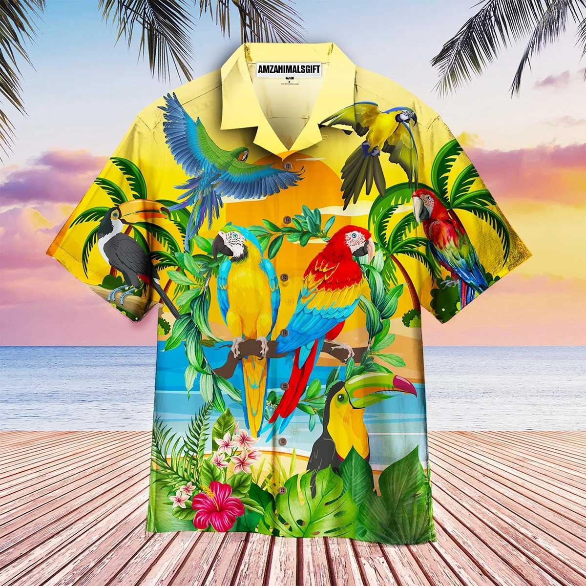 Parrot Aloha Hawaiian Shirt - Tropical Flowers Hawaiian Shirt, Parrots By The Beach Hawaiian Shirt - Perfect For Men & Women, Parrot Lover - Amzanimalsgift