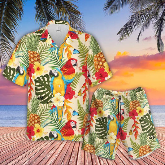 Parrot Aloha Hawaiian Shirts For Summer, Tropical Plant Pattern Colorful Style Hawaiian Set For Men Women, Gift For Parrot Lovers, Friend, Team - Amzanimalsgift