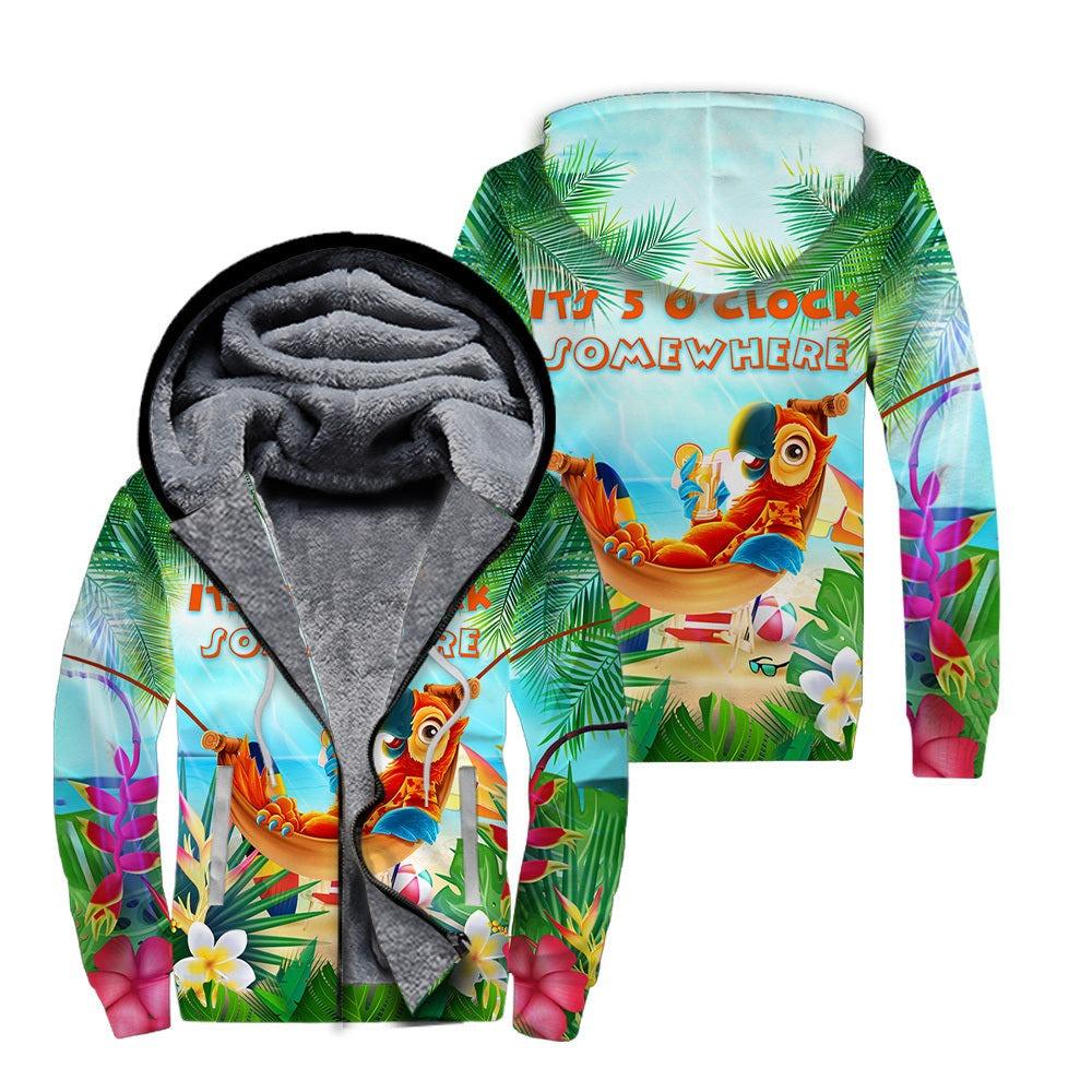 Parrot Alola Fleece Zip Hoodie, Tropical Flowers Hoodie, Parrot It’s Five O’clock Somewhere Parrots Fleece Zip Hoodie For Men & Women, Parrot Lover - Amzanimalsgift