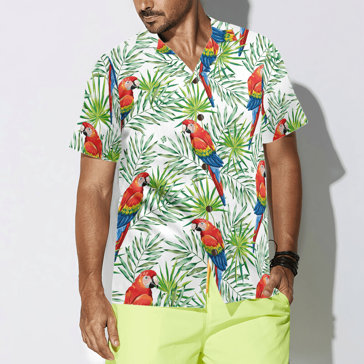 Parrot Hawaiian Shirt, Macaw Parrots, Green Palm Leaves Aloha Shirt For Men - Perfect Gift For Husband, Boyfriend, Friend, Family - Amzanimalsgift