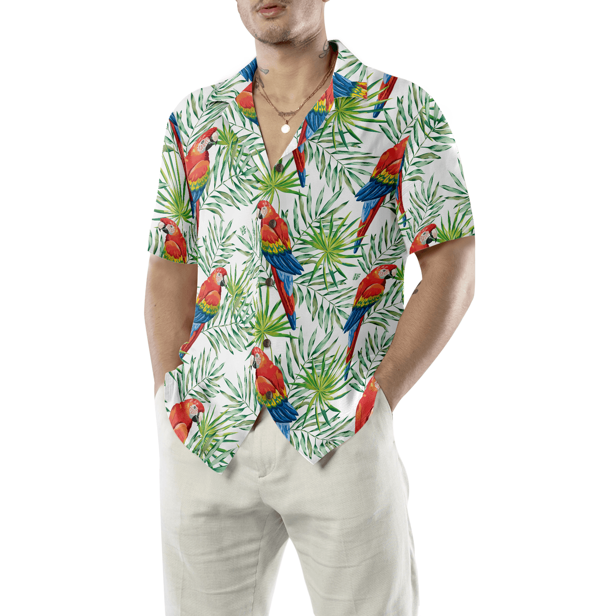 Parrot Hawaiian Shirt, Macaw Parrots, Green Palm Leaves Aloha Shirt For Men - Perfect Gift For Husband, Boyfriend, Friend, Family - Amzanimalsgift