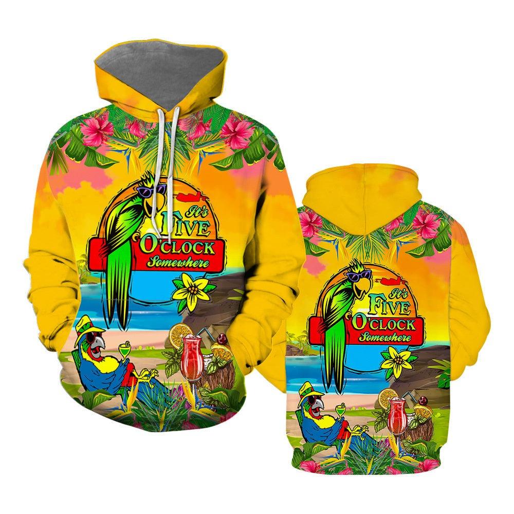 Parrot Unisex Aloha Hoodie, Tropical Cocktail, Parrot It’s Five O’clock Somewhere Parrots Unisex Hoodie For Men & Women, Parrot Lover - Amzanimalsgift